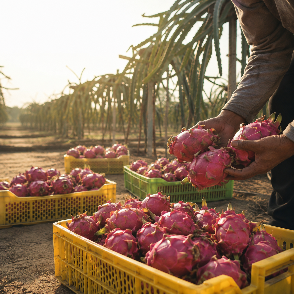 A worker gathering dragon fruit at Al-Alamia