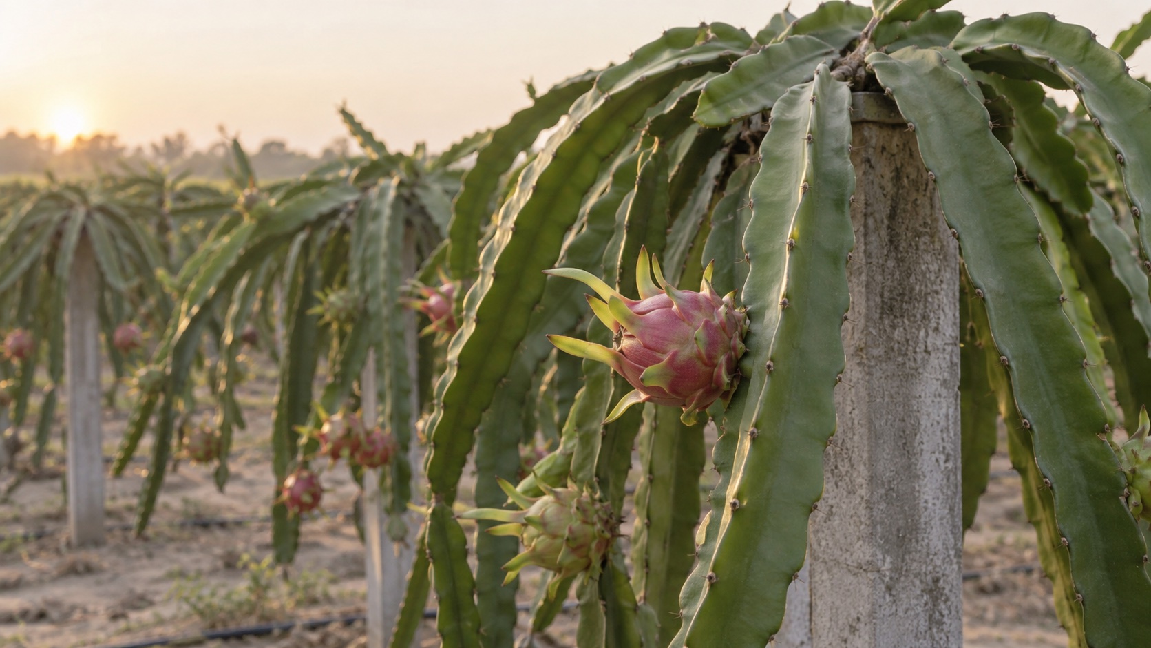 Dragon-fruit cactus branches on support posts in soft dawn light