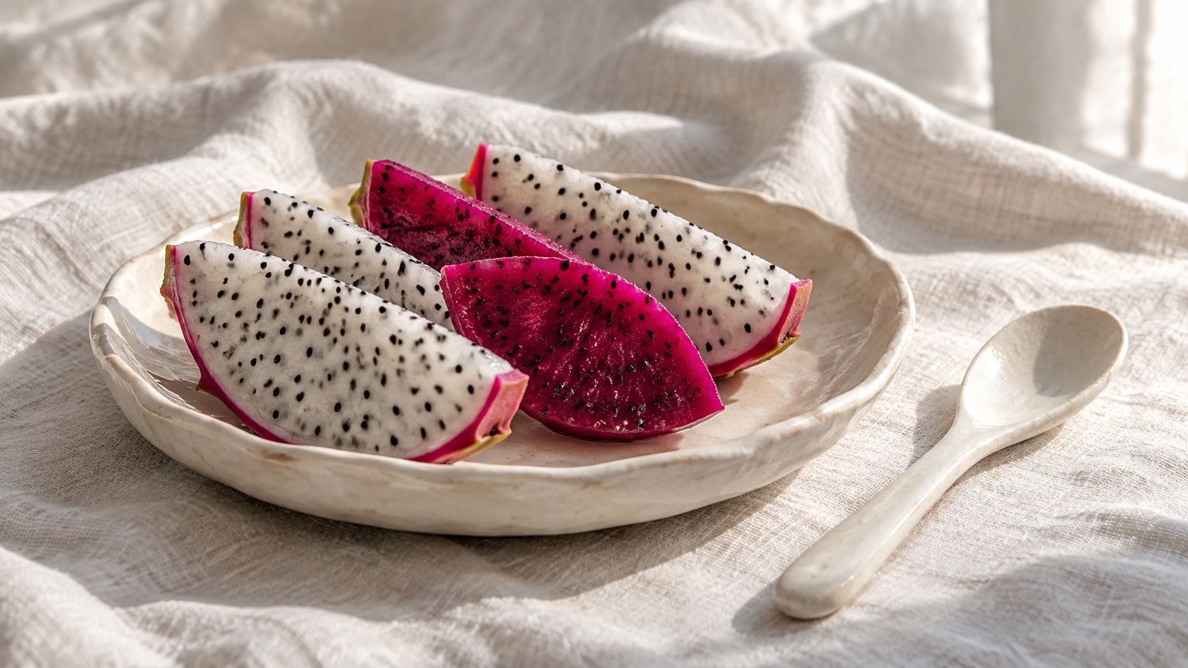 Sliced dragon fruit arranged on ceramic plates with a spoon and ivory linen