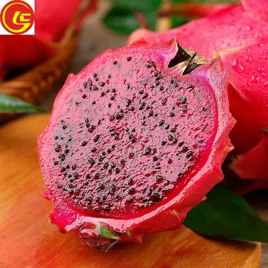 Owner-supplied Sweet Julie photograph: a pink-fleshed dragon-fruit half on a wooden board