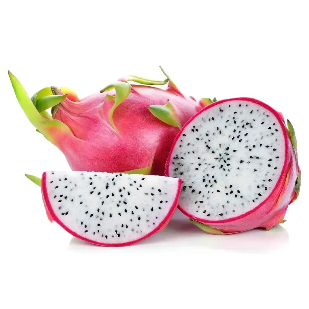 User-supplied photograph of whole pink dragon fruit with a white-fleshed half and wedge on a white background
