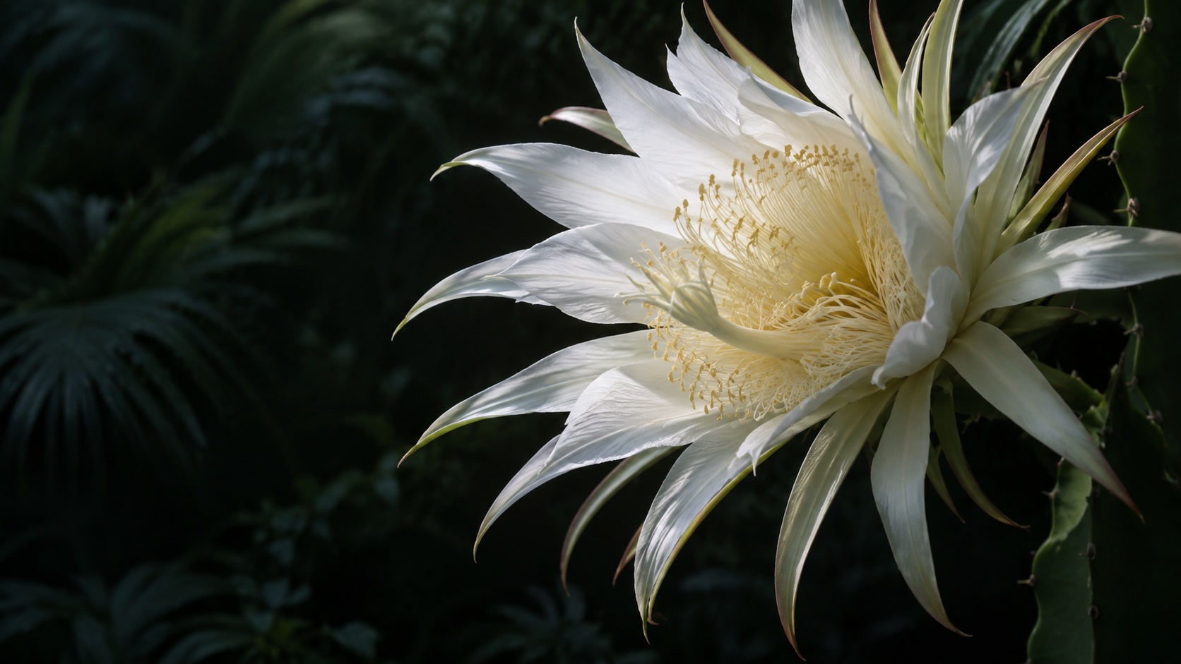 White dragon-fruit cactus flower against dark green foliage